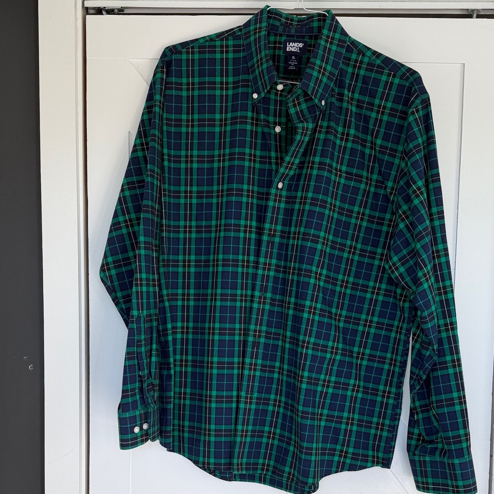 Lands' End Men's No Iron Twill Traditional Fit Plaid Shirt